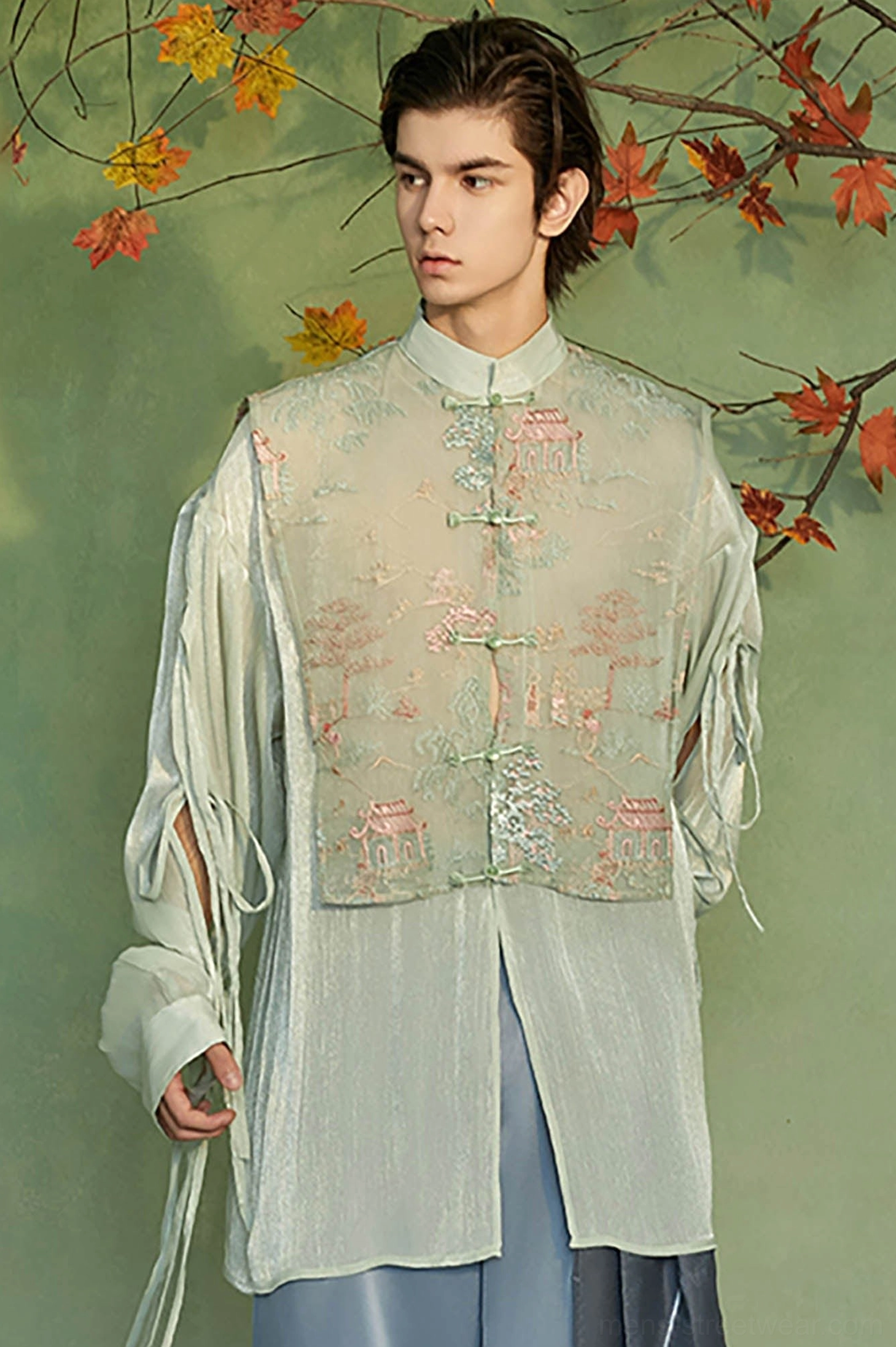 Side front view of mens embroidered Hanfu layer jacket showing mint frog closures and sheer drawstring sleeves