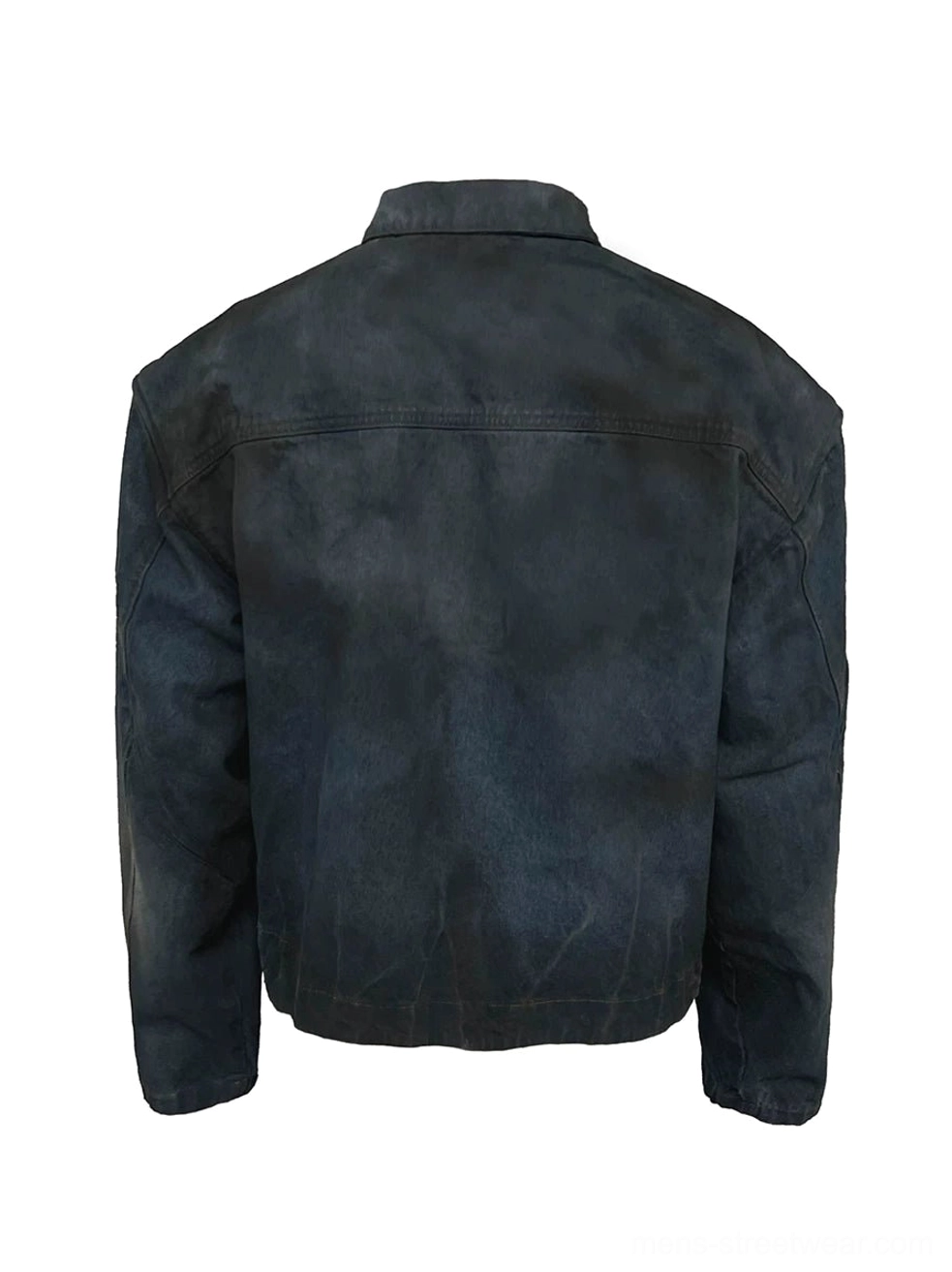 Back product view of men's faded indigo panel denim trucker streetwear jacket showing clean rear yoke and relaxed sleeves
