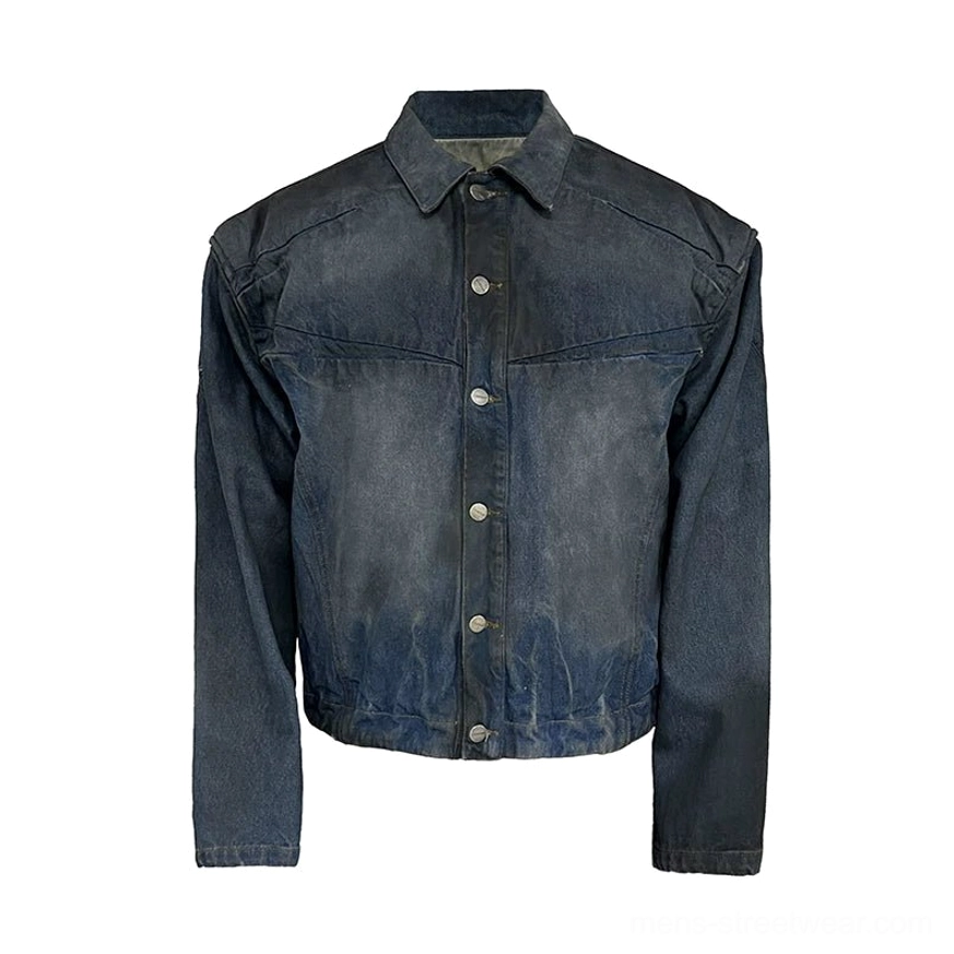 Men's dark blue distressed faded indigo panel denim trucker streetwear jacket product view