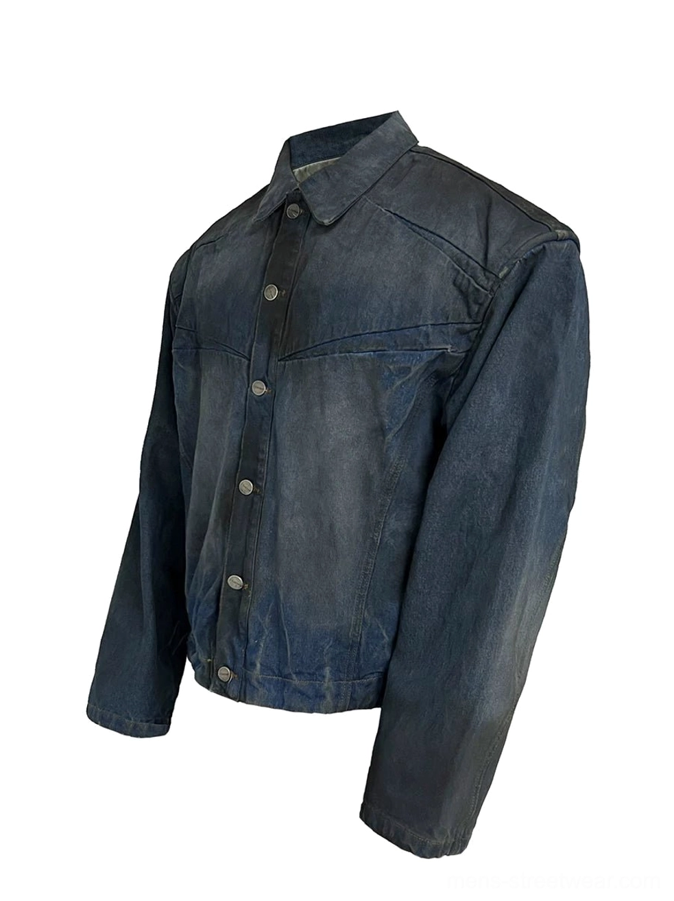 Front three-quarter product view of men's faded indigo panel denim trucker streetwear jacket with point collar and washed finish