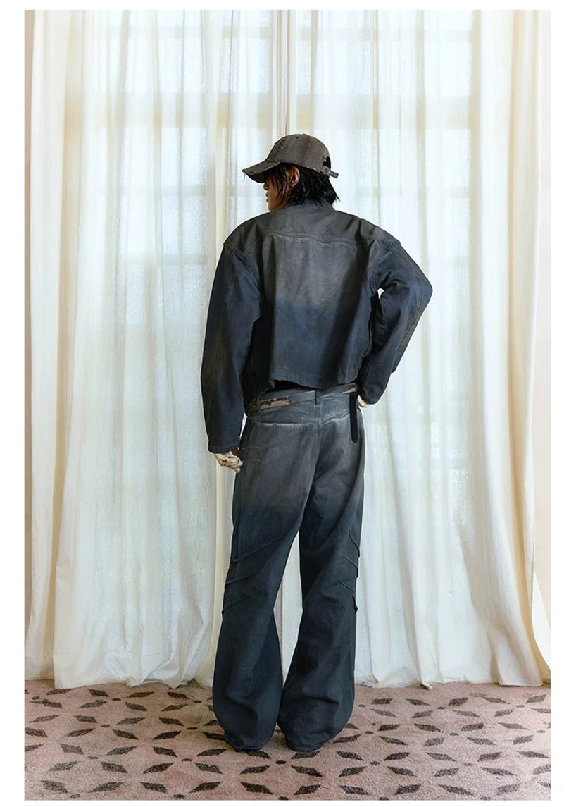Men's faded indigo panel denim trucker streetwear jacket detailed product image with vintage washed dark blue denim finish