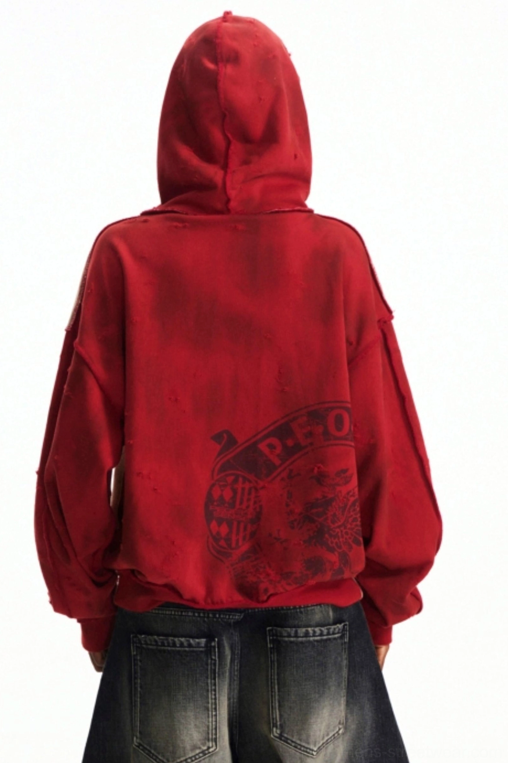 Back view of men’s faded red oversized zip hoodie jacket with vintage style graphic print and dropped shoulders