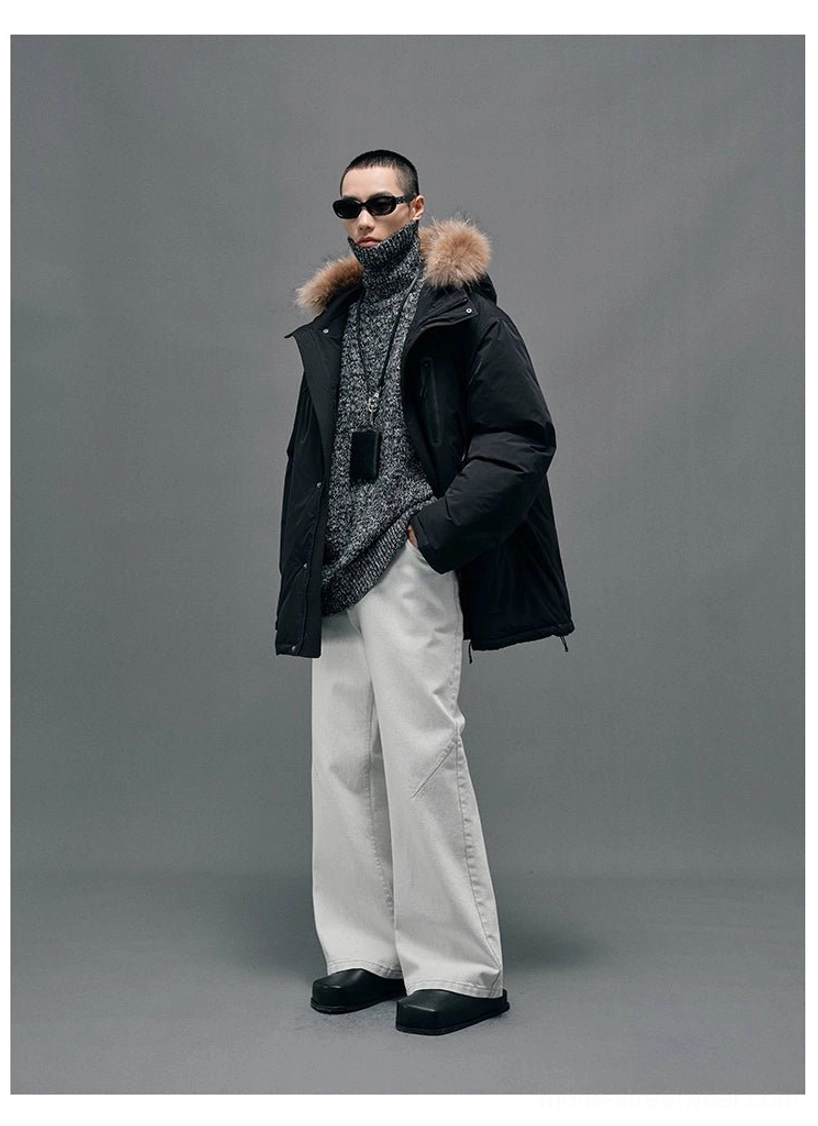 Fur-collar hooded white duck down coat for men designed for cold city weather, travel and contemporary streetwear layering