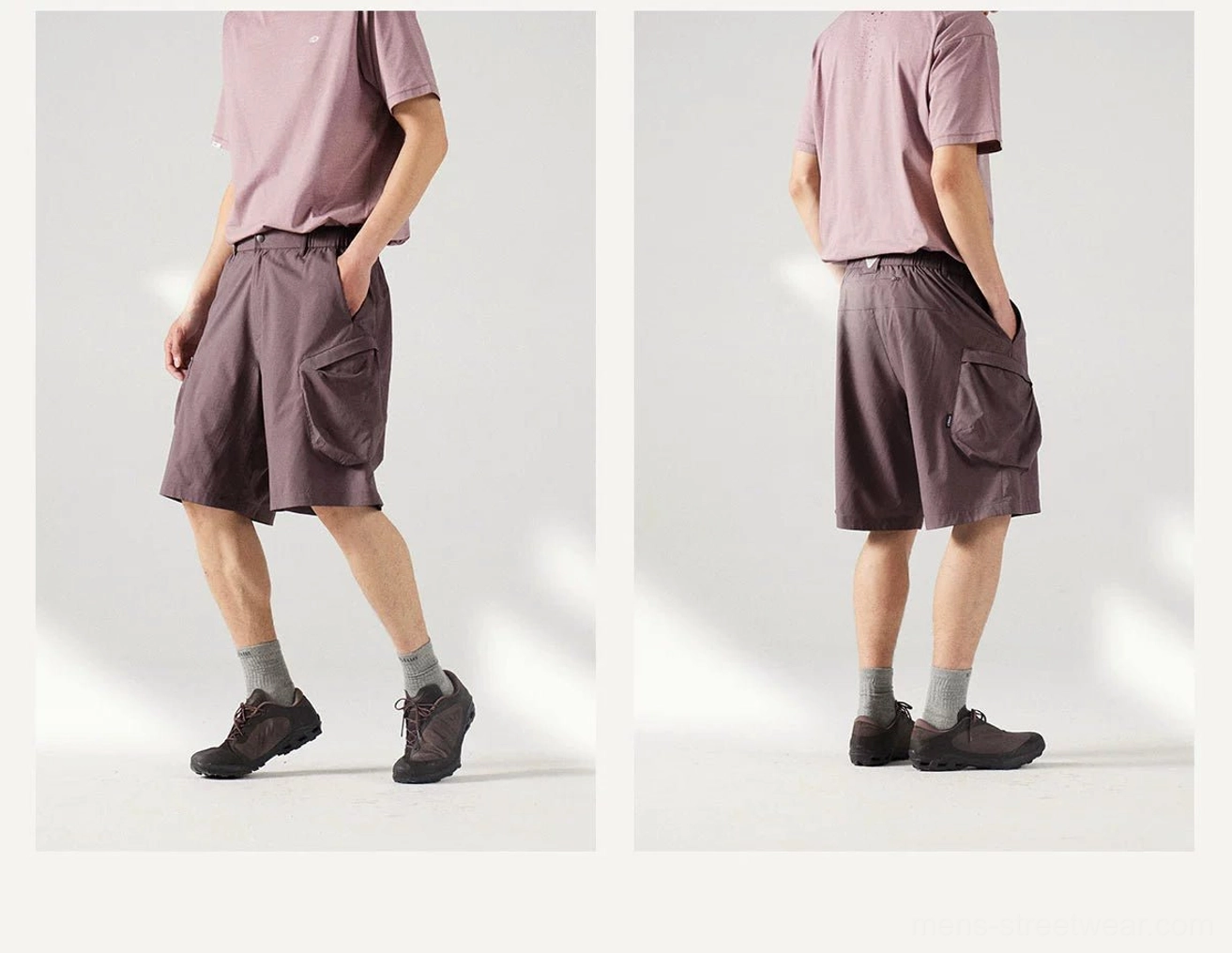 Contemporary gorpcore cargo shorts for men with flexible utility storage, above-knee length, and relaxed outdoor streetwear fit