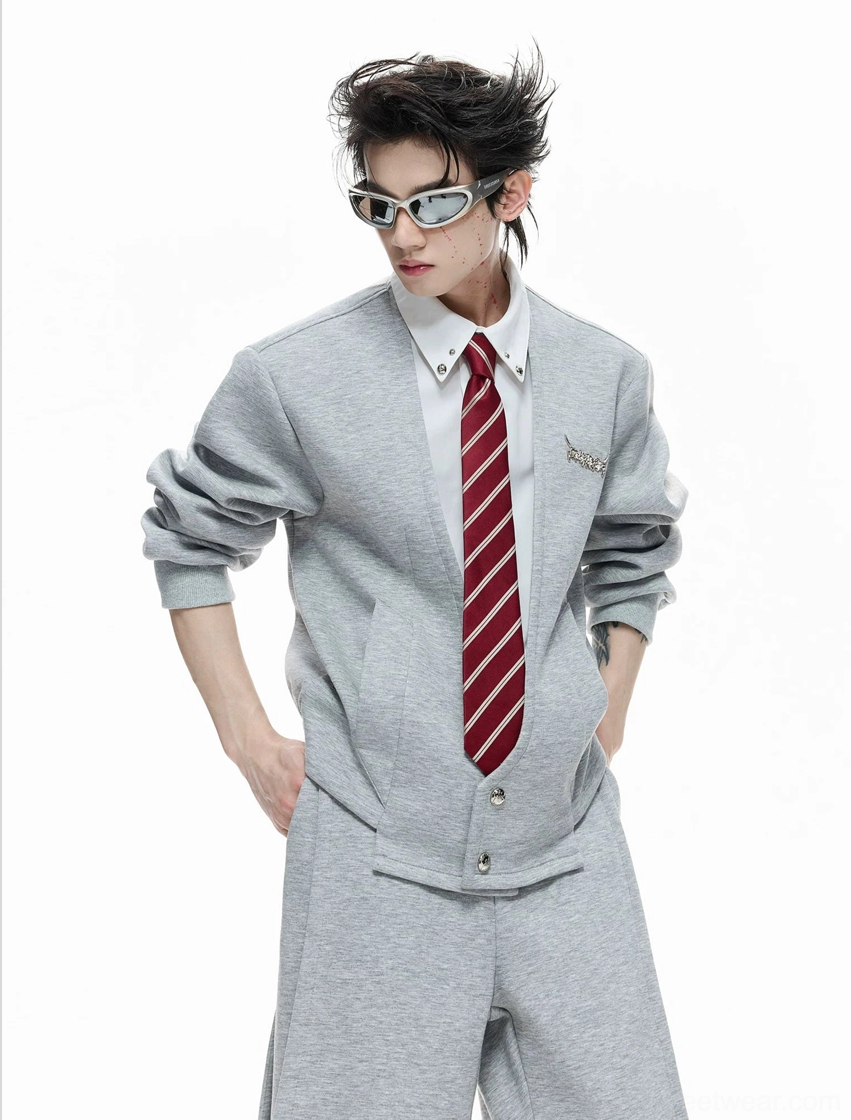 Men's heather grey faux-twinset cardigan shirt with red striped tie and subtle chest embroidery detail