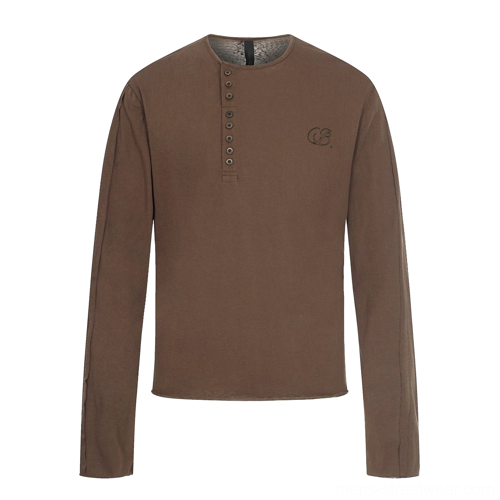 Men's Henley long sleeve tee product image highlighting the relaxed fit, button neckline, and minimalist embroidered chest detail