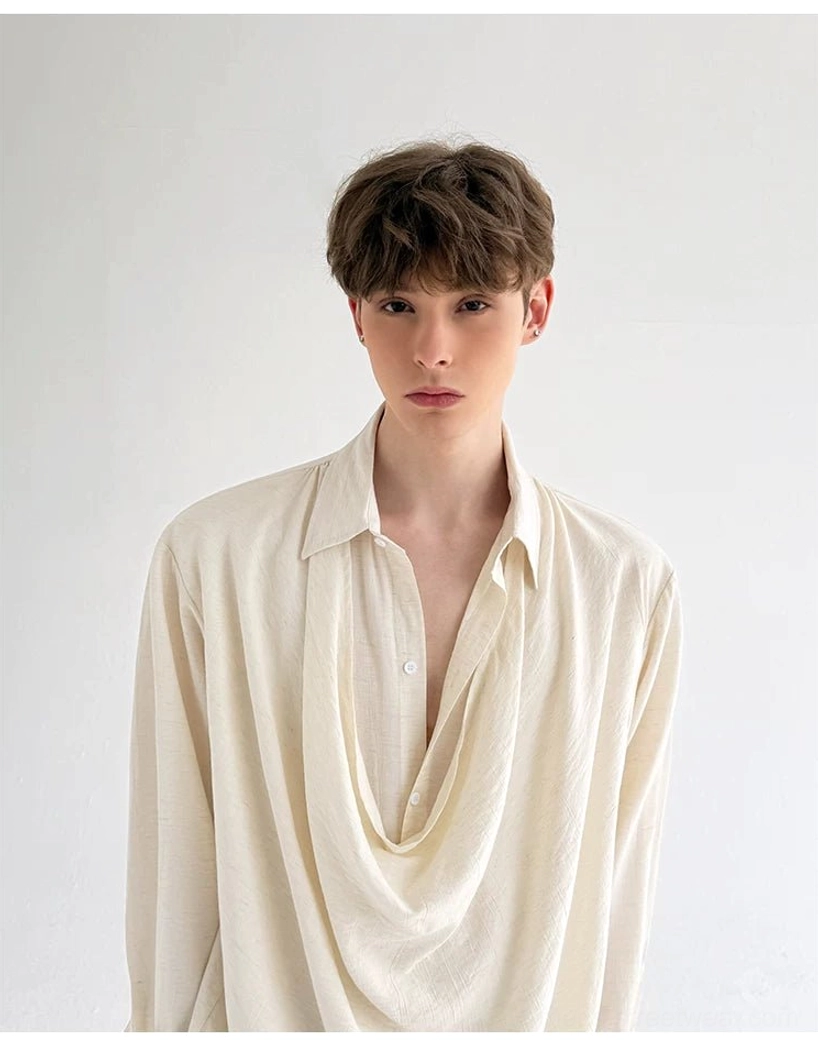 Men's ivory streetwear shirt featuring a deep sculptural draped front panel and pointed collar
