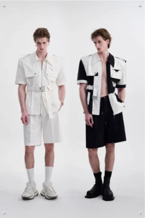 Men's Korean streetwear belted shirt and tailored shorts set shown in white and black color-block styling on a full-body studio model