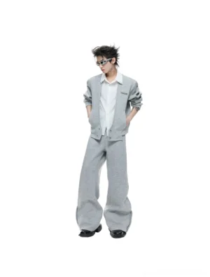 Men's heather grey Korean streetwear faux-twinset cardigan shirt and wide-leg pants shown in a front full-body studio view