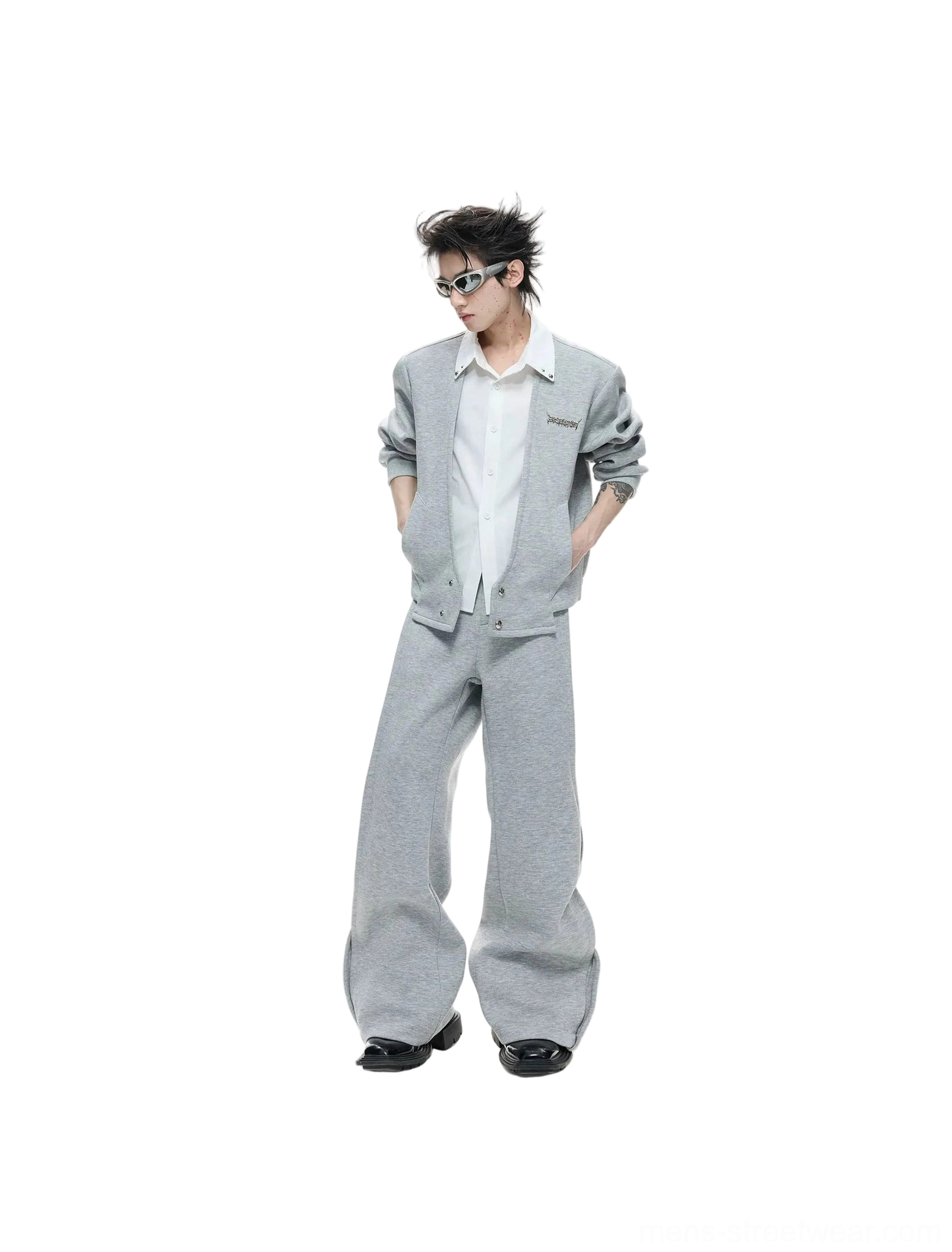 Men's heather grey Korean streetwear faux-twinset cardigan shirt and wide-leg pants shown in a front full-body studio view