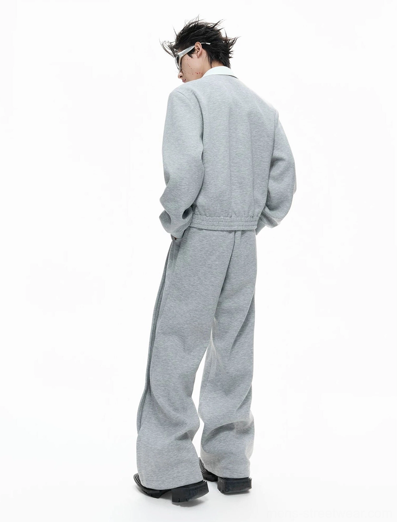 Back view of men's Korean streetwear faux-layered cardigan top and wide-leg trousers in heather grey