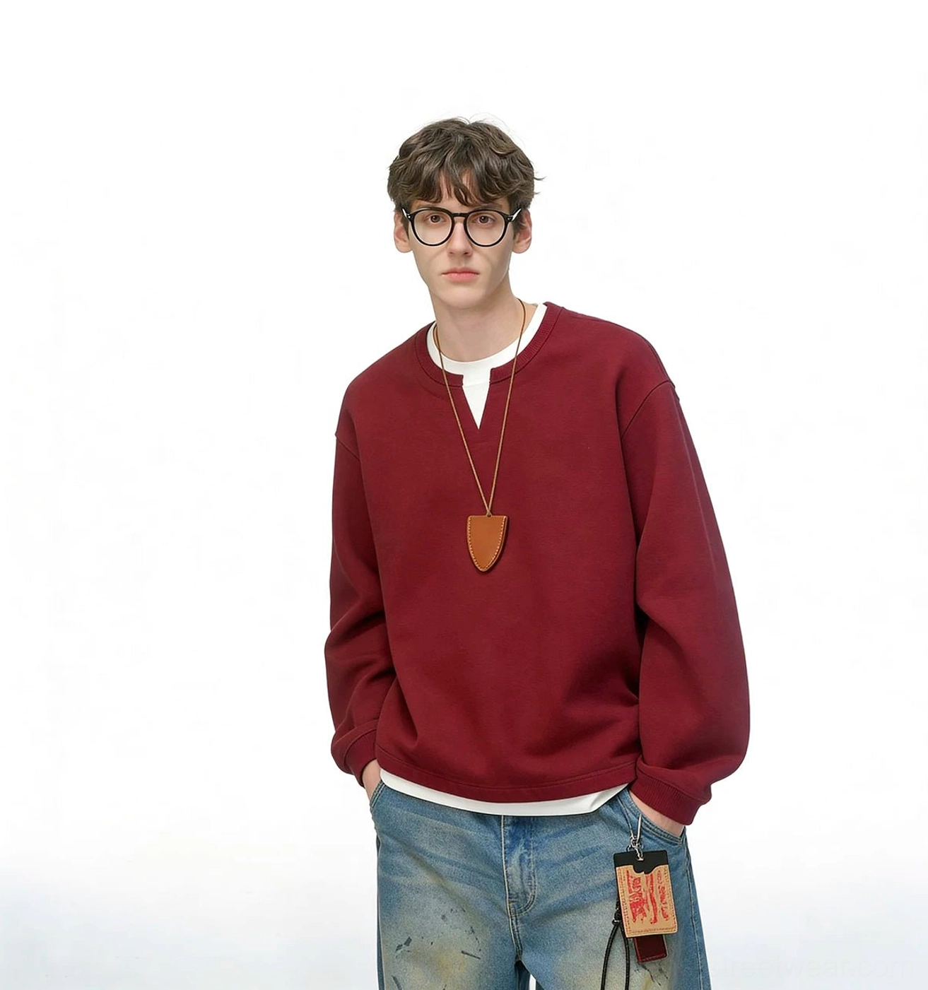 Relaxed men's layered pullover sweatshirt for wide-leg denim outfits, casual commuting, campus wear, and city street style