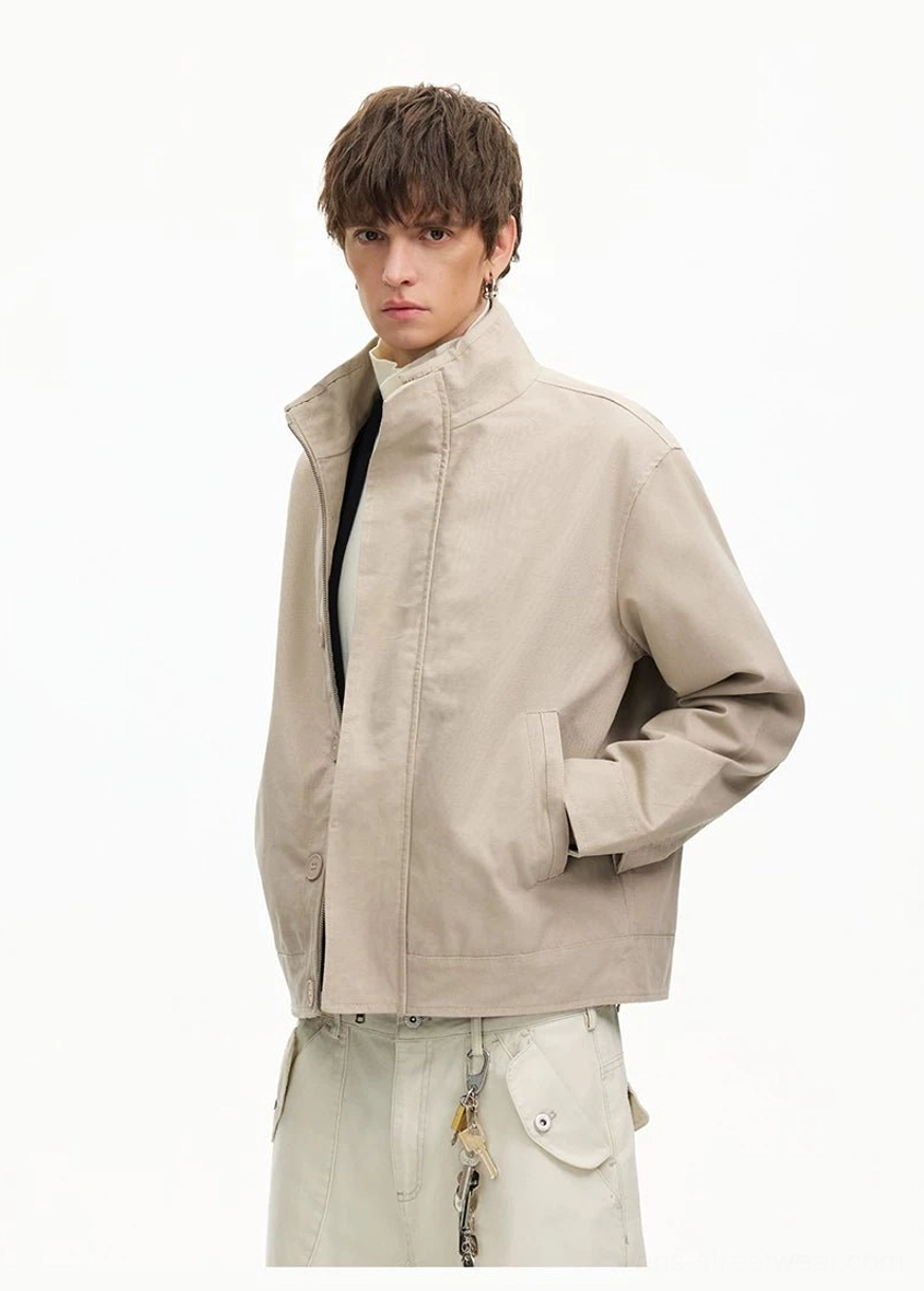 Men's light apricot stand collar Harrington jacket with vertical side pockets in Korean streetwear styling