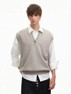 Men's light gray Henley sweater vest with ribbed trims styled over a white shirt for Seoul-inspired casual fashion