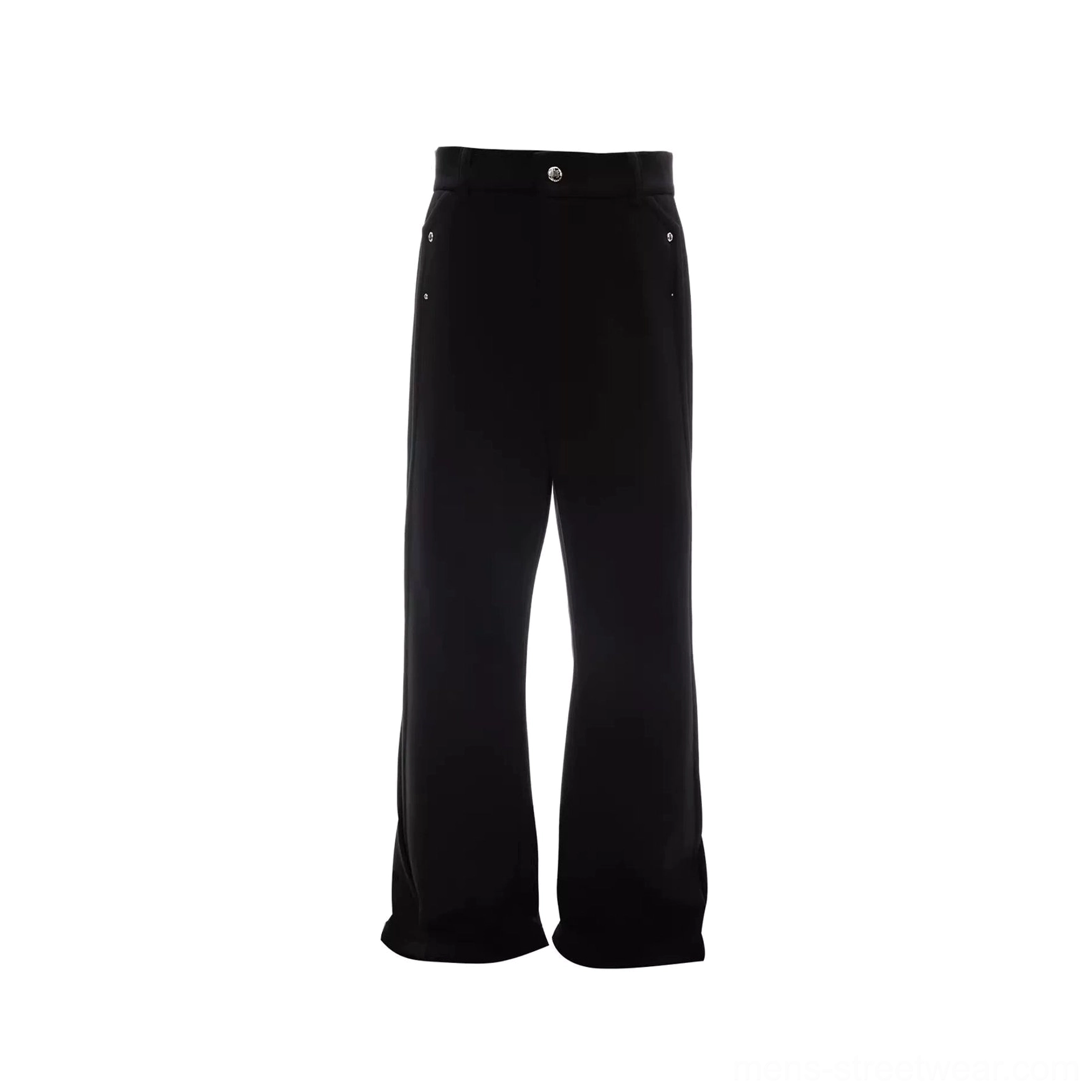Men's loose wide-leg streetwear trousers with high-waist appearance and metal button closure shown from the front