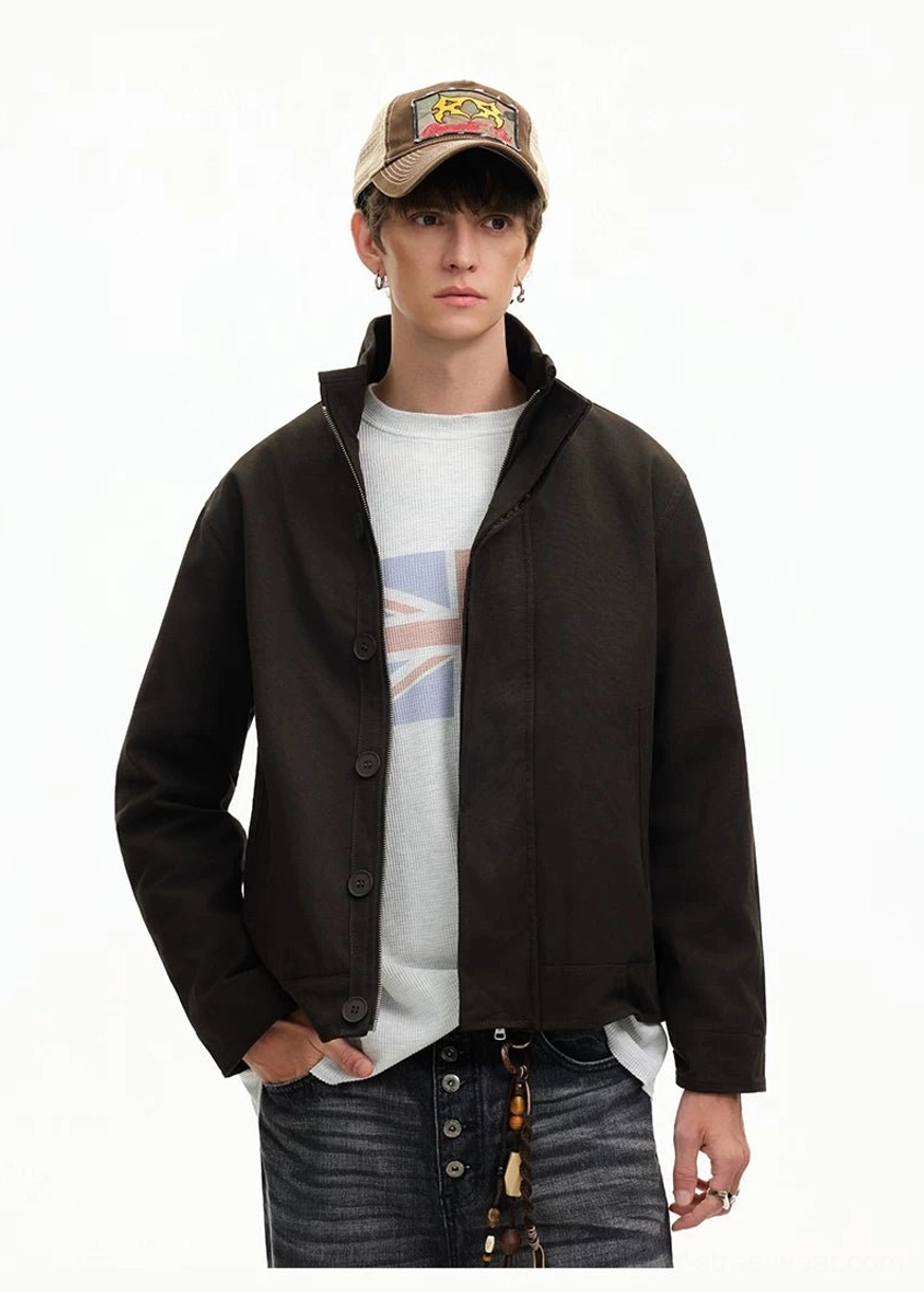 Men's minimal stand collar Harrington jacket showing refined collar and concealed front closure detail