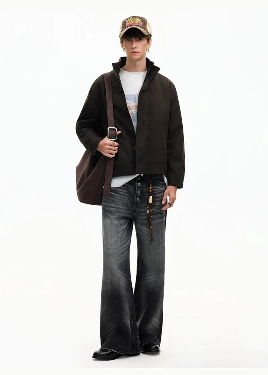 Men's minimal stand collar Harrington streetwear jacket detailed product view with clean contemporary construction