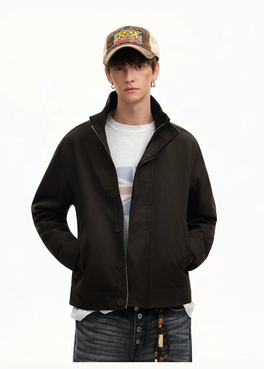 Men's minimal stand collar Harrington streetwear jacket close-up of smooth fabric and tonal stitching