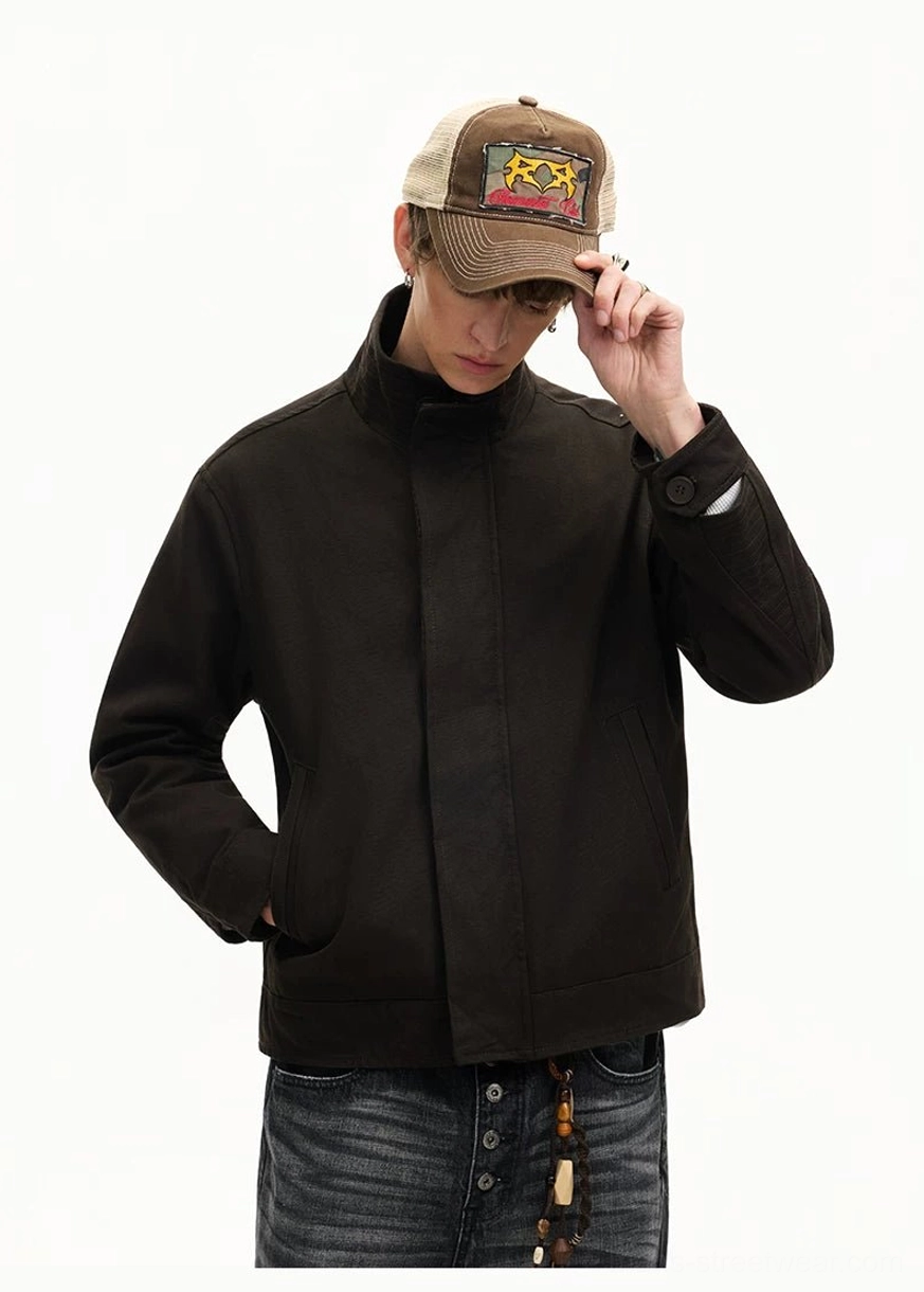 Men's minimalist Harrington jacket styled for modern Korean fashion and understated urban layering