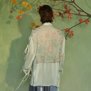 Back view of mens mint green Hanfu inspired embroidered vest jacket with full landscape embroidery panel