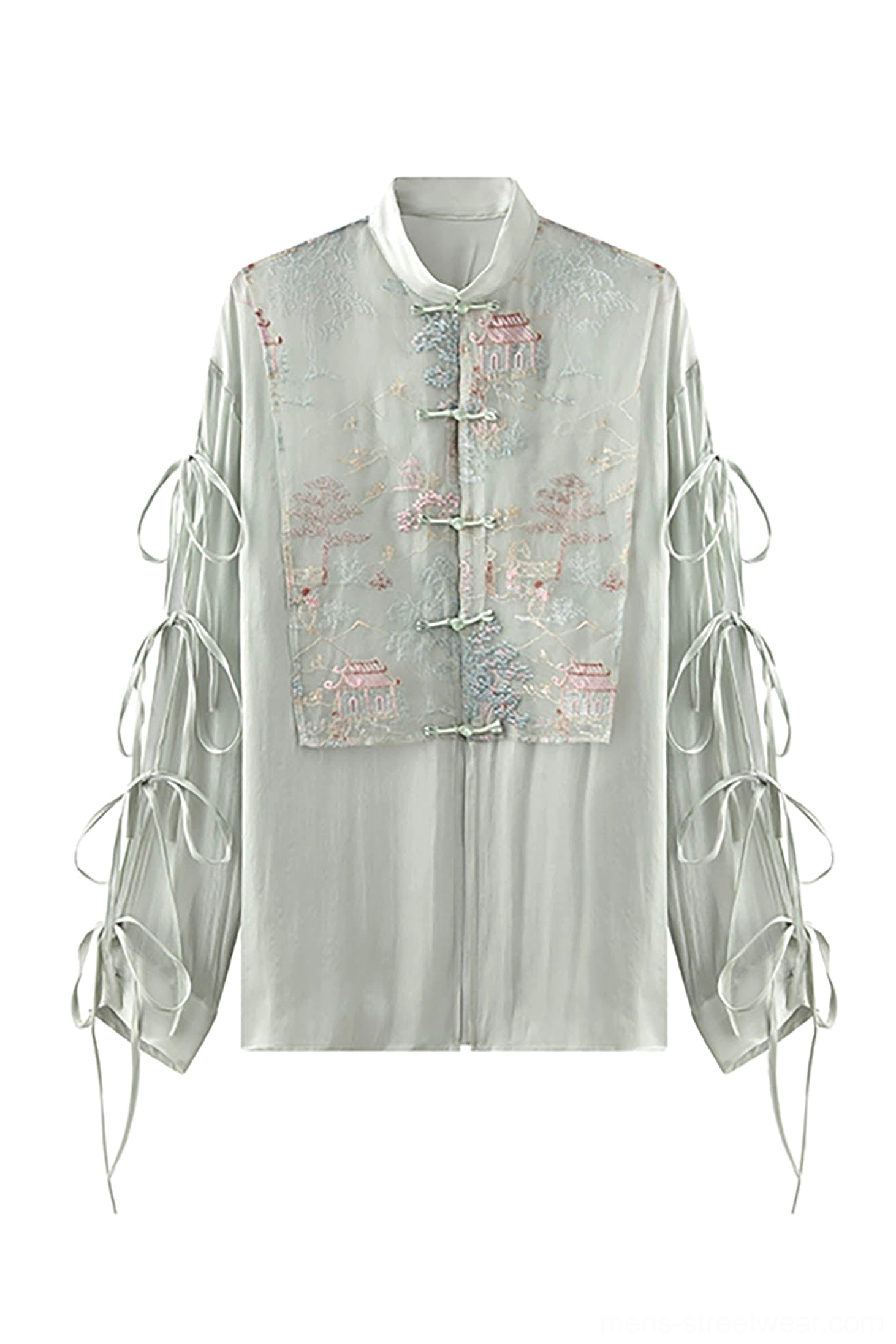 Flat lay of mens mint green embroidered Hanfu vest layer jacket with mandarin collar and flowing drawstring sleeves