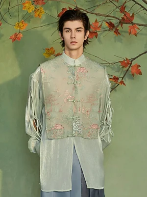 Mens mint green embroidered Hanfu vest layer jacket front view with frog buttons and Chinese landscape embroidery