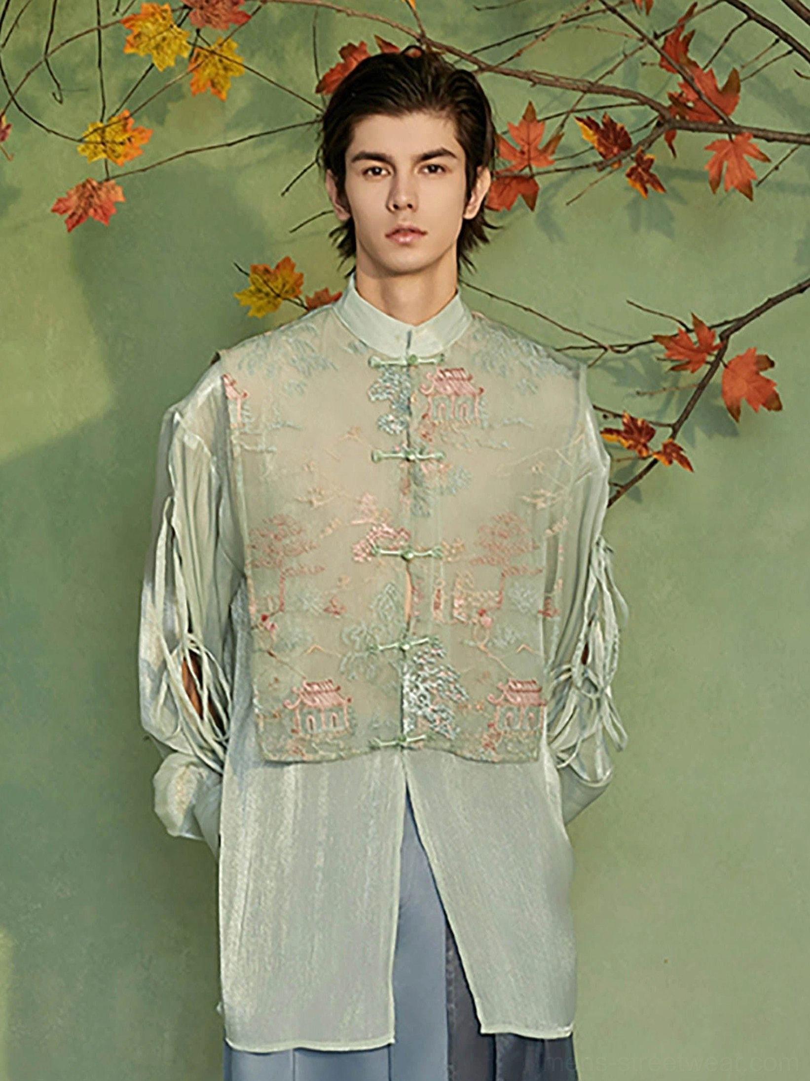 Mens mint green embroidered Hanfu vest layer jacket front view with frog buttons and Chinese landscape embroidery