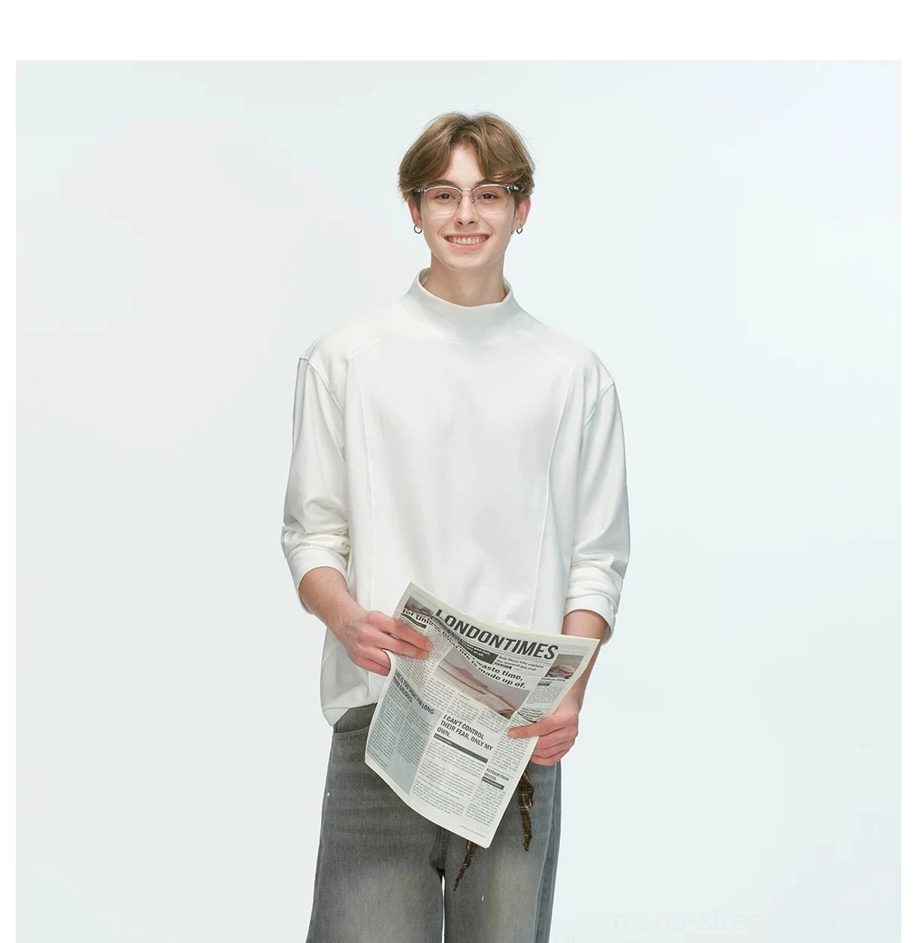 Men's mock neck long sleeve top product image showcasing the clean minimalist Korean streetwear silhouette and structured drape