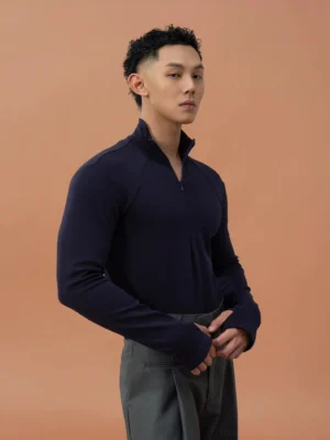 Navy blue men's Korean streetwear quarter-zip top with fitted silhouette and structured stand collar