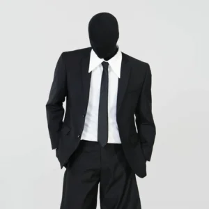 Men's noir minimalist black tailored suit set with notched lapel blazer and wide-leg trousers front three-quarter view