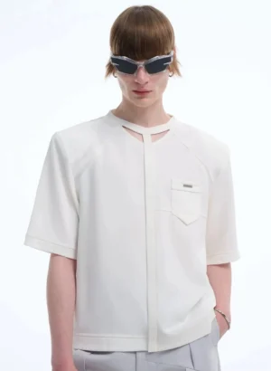 Men's off-white cutout collar structured pocket T-shirt front view with concealed placket and raglan short sleeves