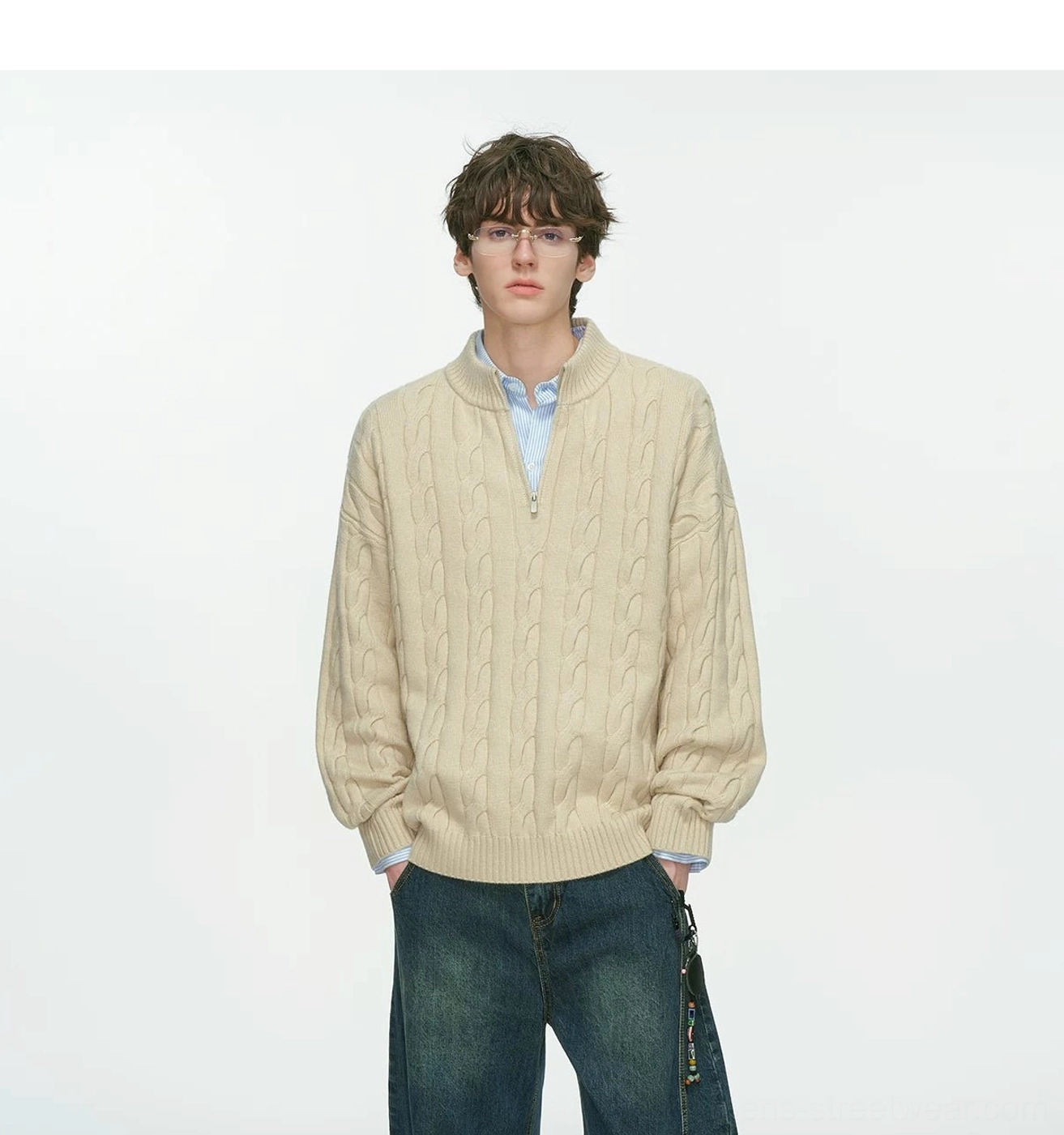Additional product view of the men’s oversized cable knit half-zip sweater