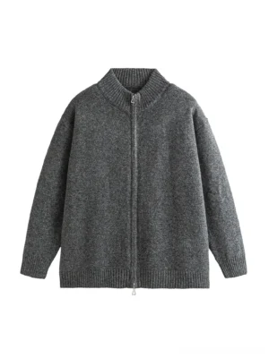 Men's oversized charcoal heather mélange zip-up knit cardigan with stand collar front flat lay