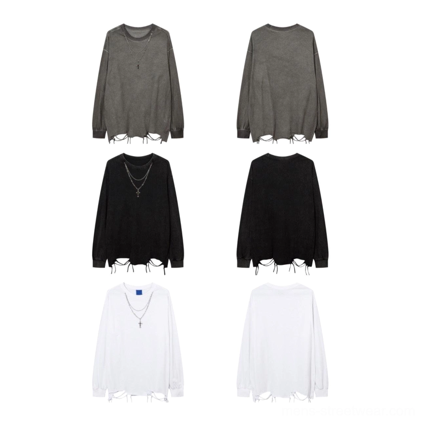 Men's oversized distressed crew neck long-sleeve tee with layered streetwear styling and cross pendant