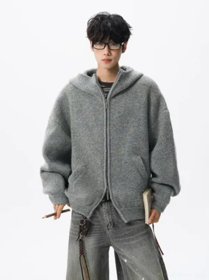 Men's gray oversized fleece knit zip-up hoodie with hood ribbed hem and relaxed streetwear fit front view