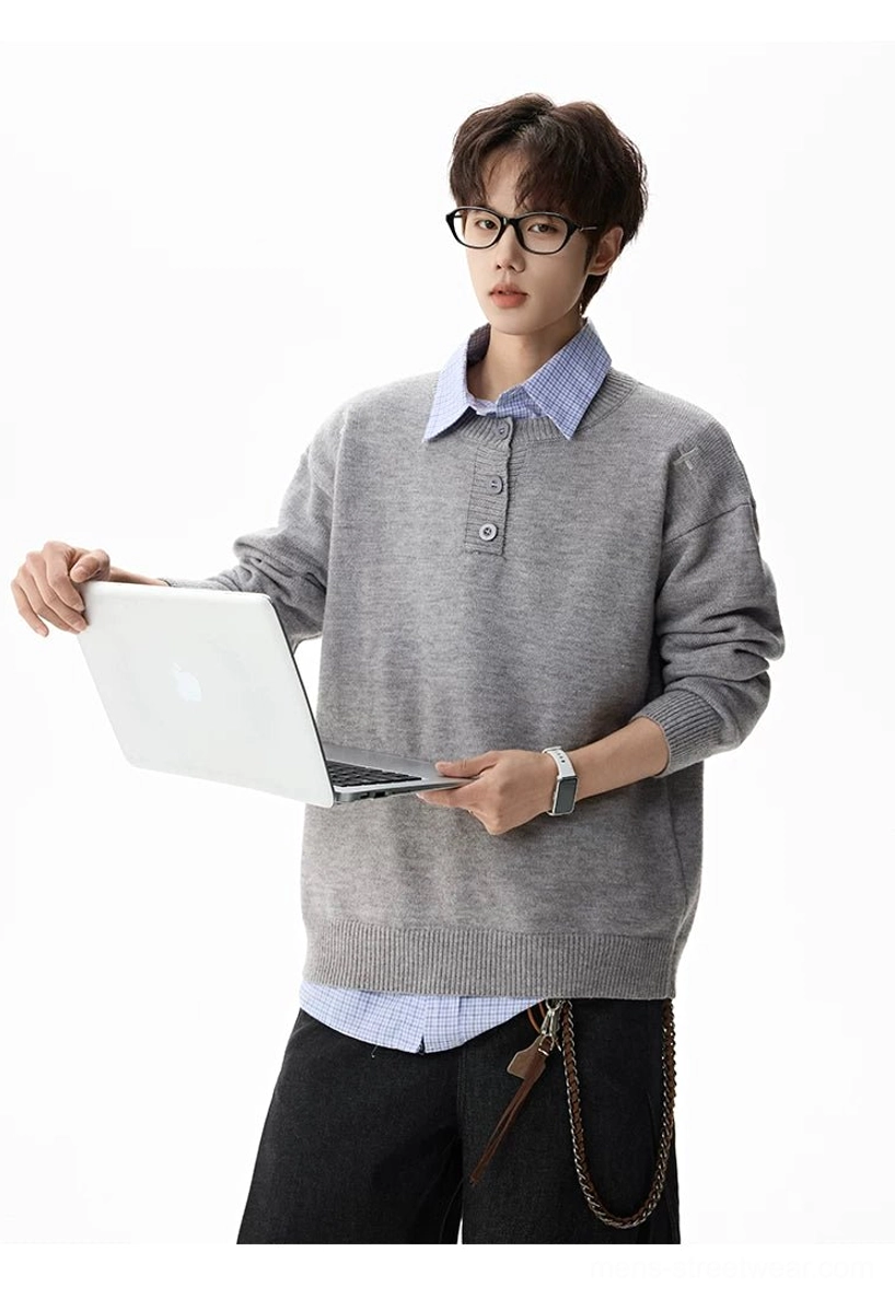 Men's oversized henley knit sweater showcasing a clean casual silhouette, three-button front, and ribbed hem