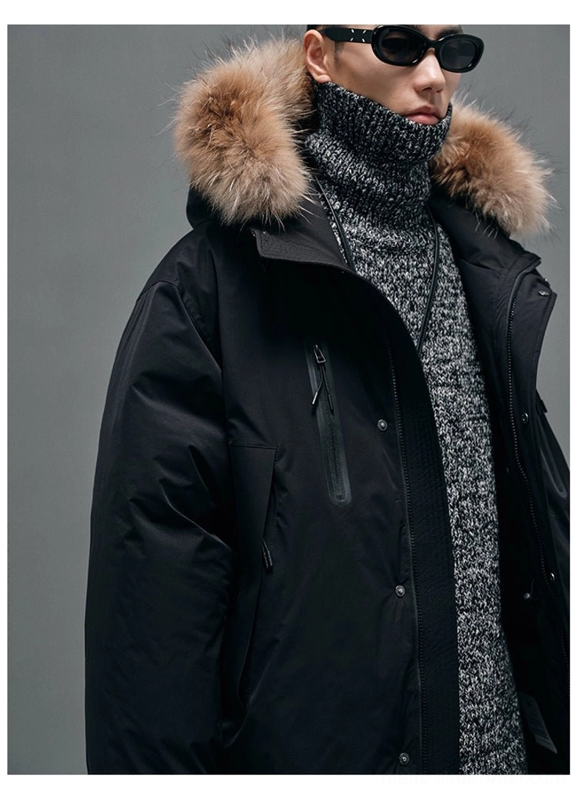 Warm oversized hooded down coat for men featuring adjustable drawstring hood, high collar and everyday storage pockets