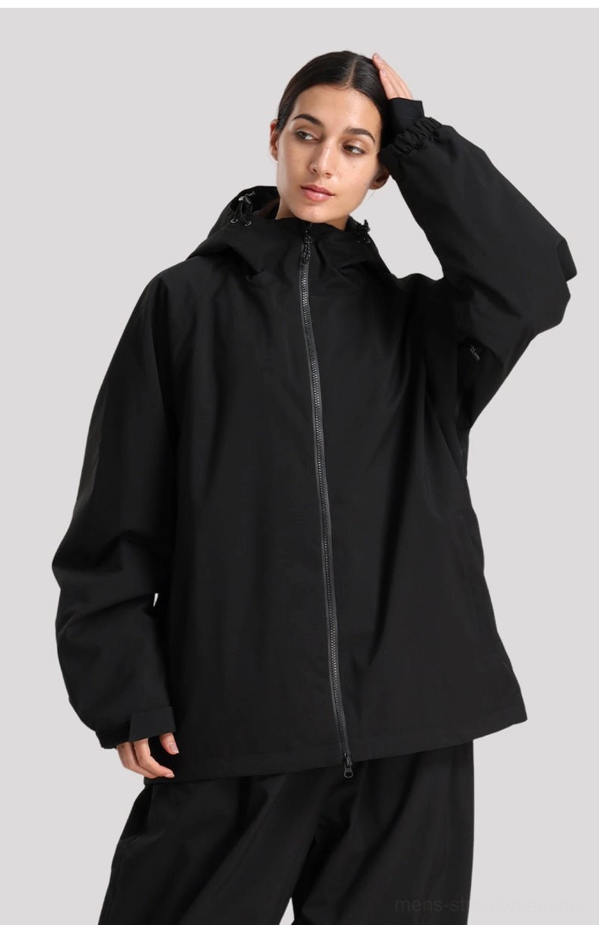 Men's oversized hooded snow jacket designed for layering, featuring a clean shell finish and contemporary Korean streetwear proportions