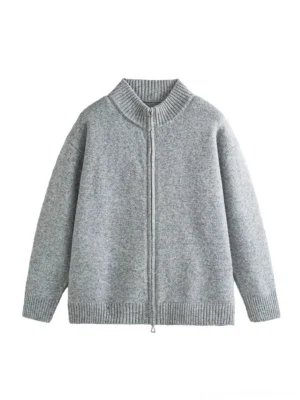 Men's oversized light gray mélange zip-up knit cardigan with ribbed stand collar front flat lay