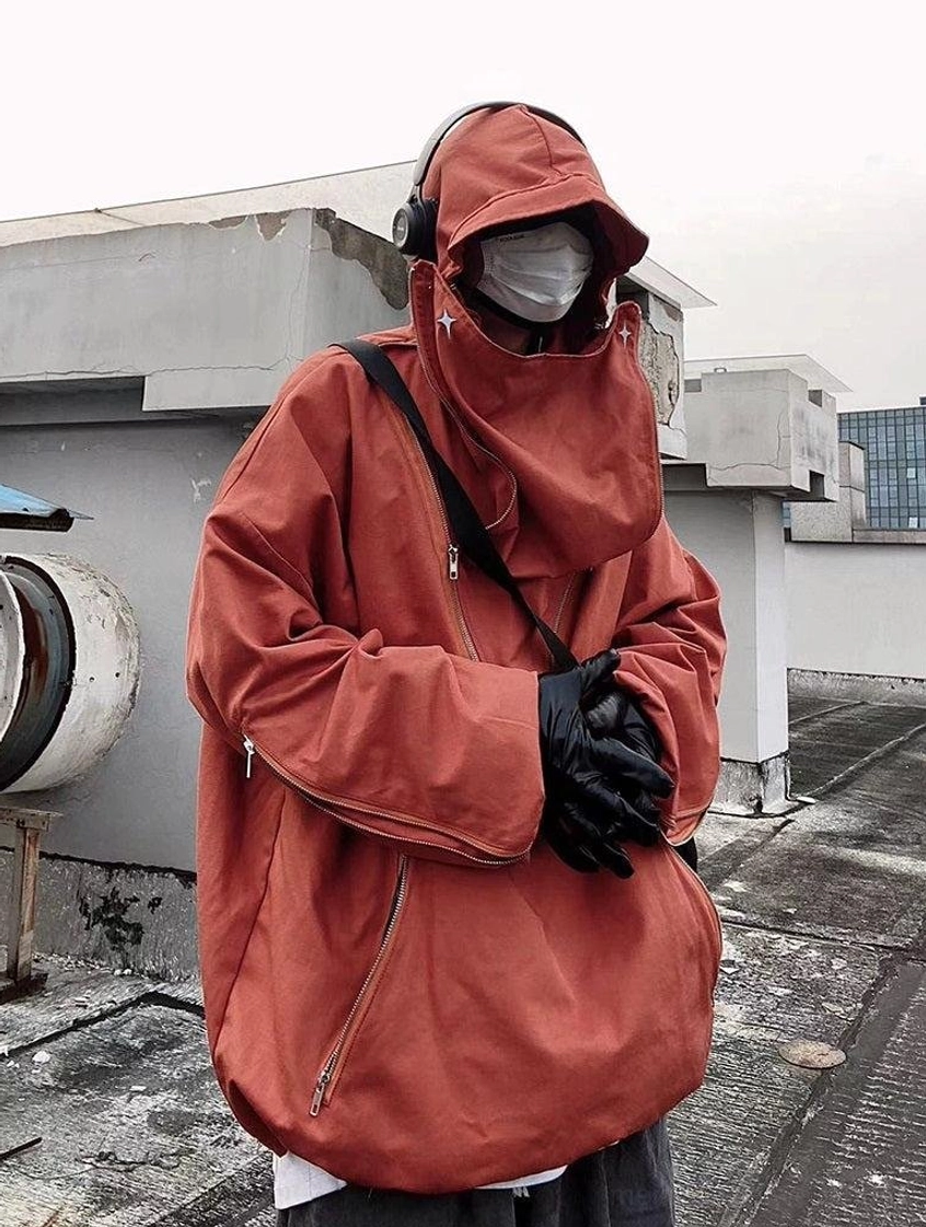 Men's oversized urban jacket with hooded neckline, relaxed sleeves, adjustable drawcord hem, and contemporary techwear character