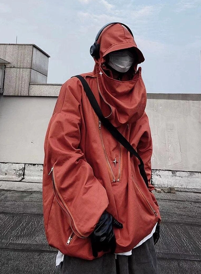 Everyday oversized utility jacket for men with hood, multiple zippers, lightweight layering design, and urban techwear appeal