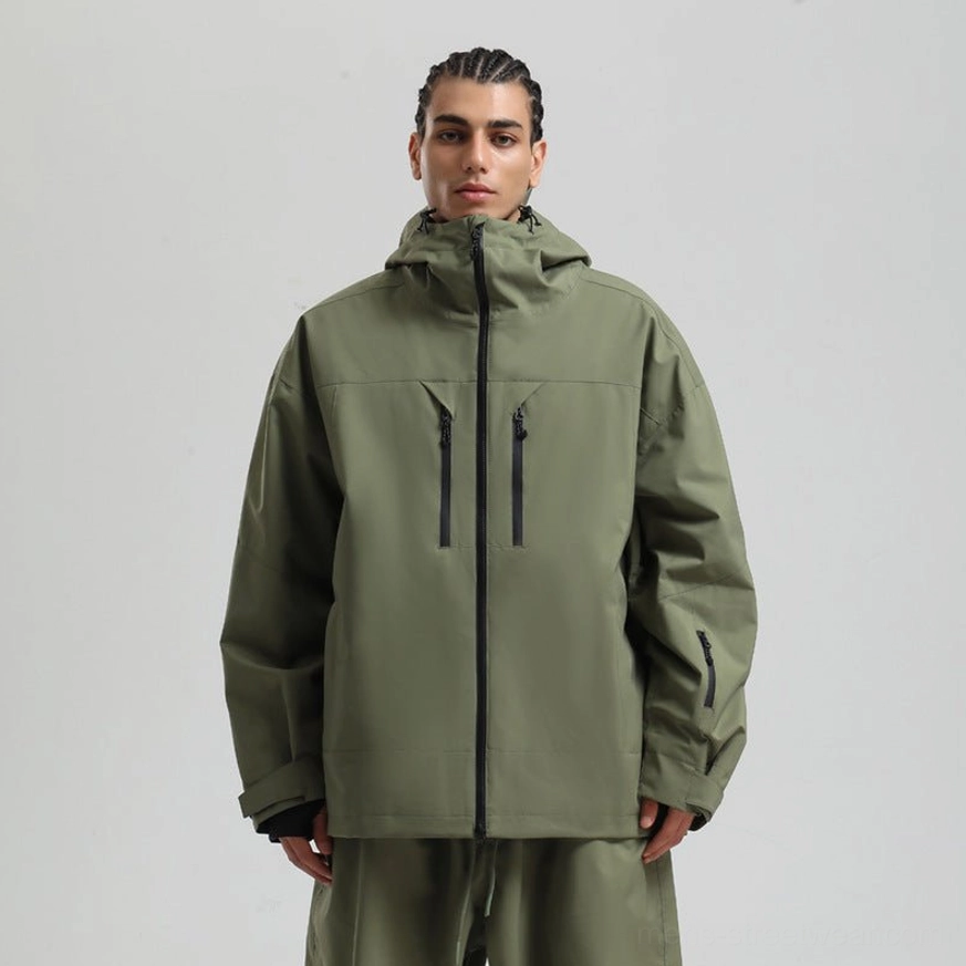 Army green men’s ski jacket with hood, black zip pockets, relaxed silhouette, and thumbhole cuffs