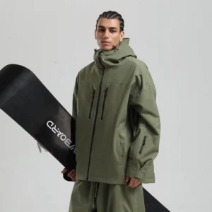 Army green men’s hooded snowboard jacket in a relaxed fit, shown from a three-quarter front angle with a snowboard and matching snow pants