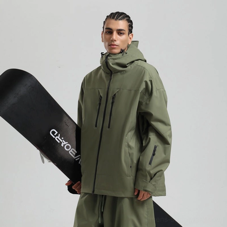 Army green men’s hooded snowboard jacket in a relaxed fit, shown from a three-quarter front angle with a snowboard and matching snow pants