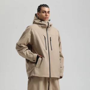 Khaki men’s hooded ski jacket with vertical black chest zippers, relaxed outdoor fit, and matching trousers shown from the side
