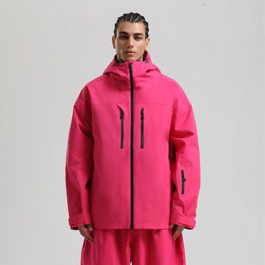 Hot pink hooded snowboard jacket with contrasting black waterproof-style zippers and matching snow pants