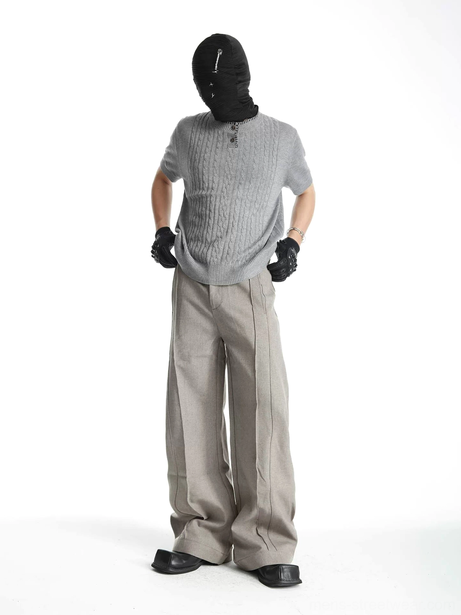 Men's pleated wide-leg tailored trousers styled with gray knit henley top in Korean minimalist streetwear outfit