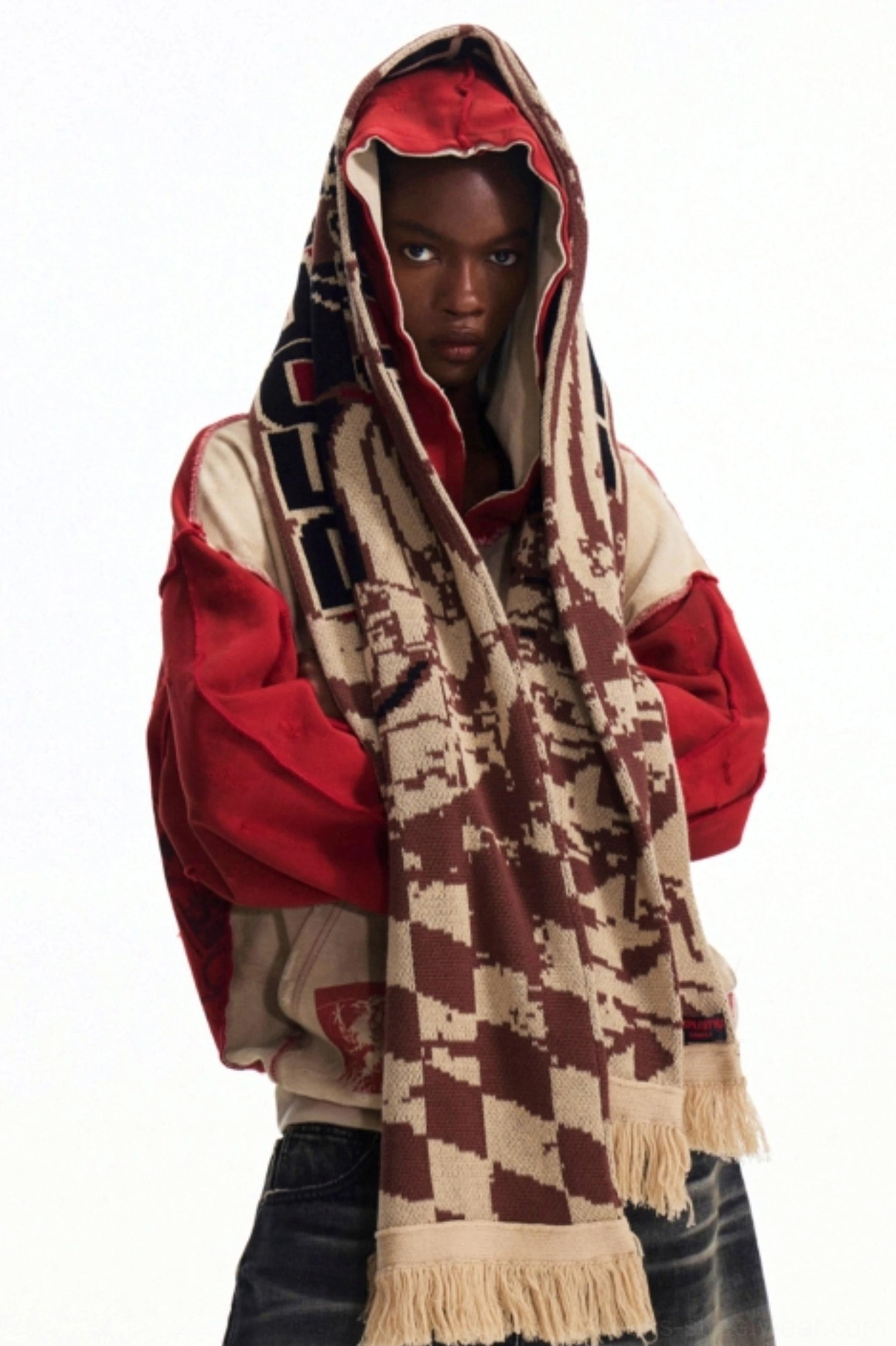 Men’s red and beige two-tone zip hoodie jacket styled with checker scarf and baggy denim streetwear