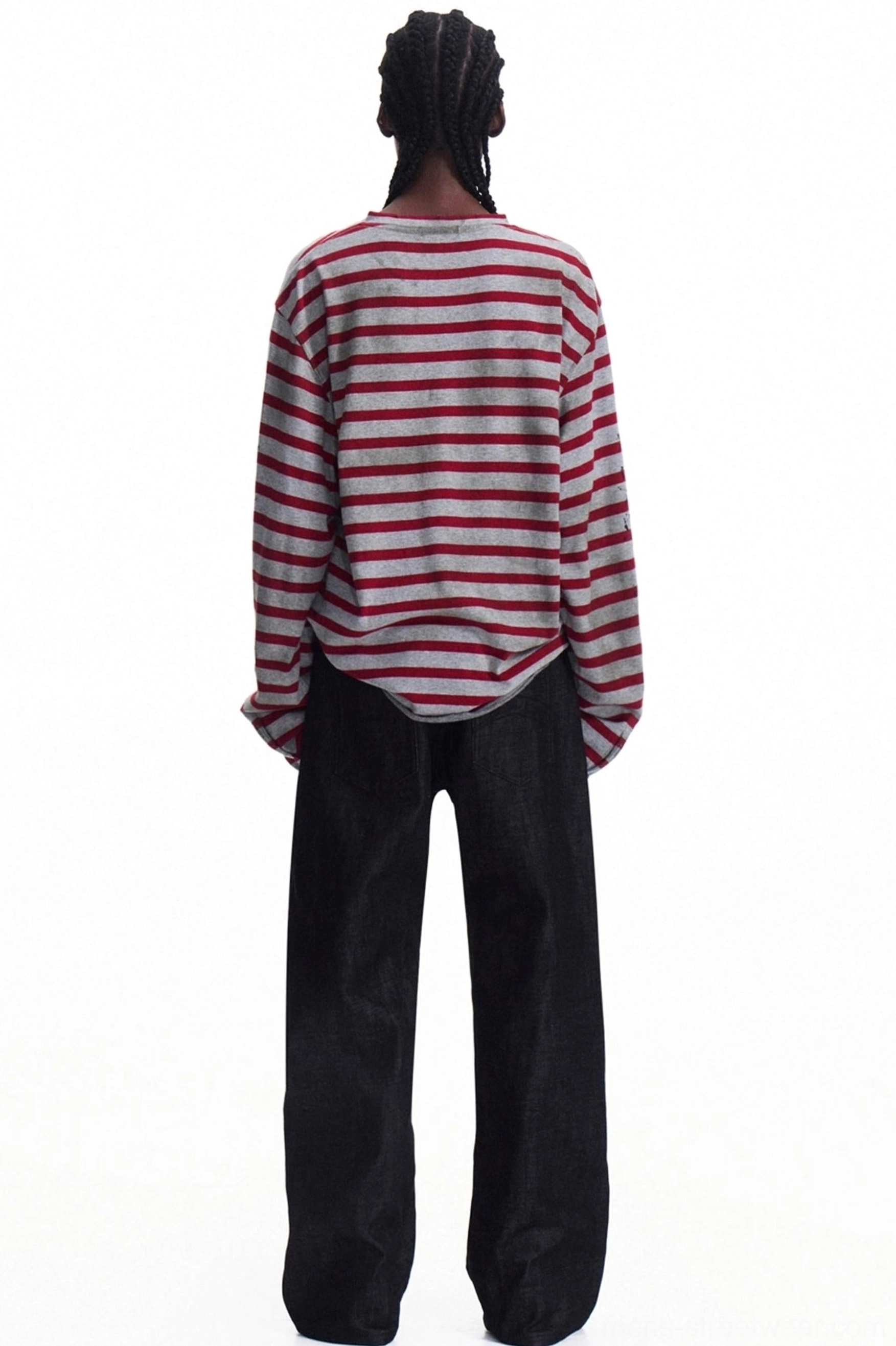 Back view of men's red and grey horizontal striped knit Henley long sleeve with clean unprinted back