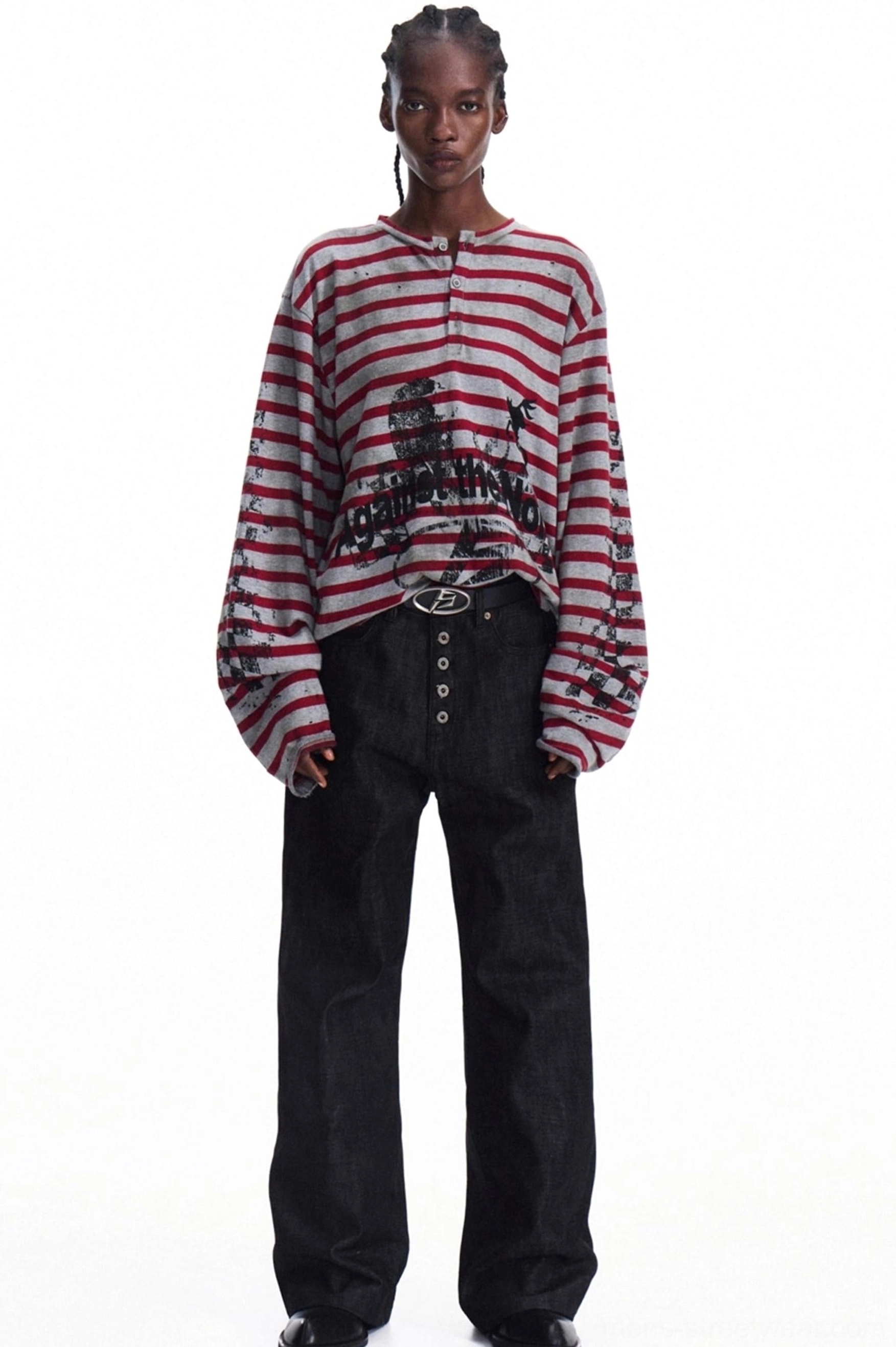 Men's red and grey striped graphic long sleeve Henley knit top shown in a full front studio view